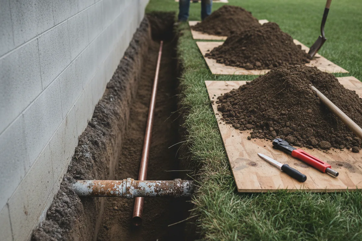 Excavated water line trench during Sewer Line Repair in Nichols